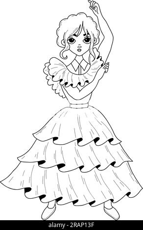 Cute fantasy dancing of wednesday girl. Outline hand drawing character ...