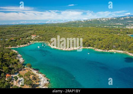 Aerial view of the rocky and forested coast of Rab Island, the Adriatic Sea in Croatia Stock Photo