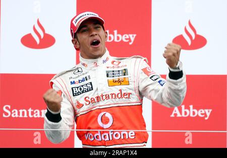 File photo dated 06-07-2008 of McLaren Mercedes' Lewis Hamilton celebrates winning the British Grand Prix. Lewis Hamilton arrived at his home race fourth in the drivers’ standings but left on top after storming to victory in one of his outstanding performances. Issue date: Wednesday July 5, 2023. Stock Photo