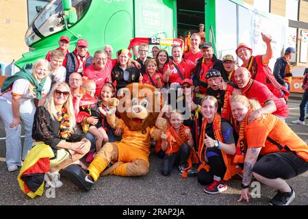 02-07-2023: Sport: Nederland v Belgie (woman friendly)   SITTARD, NETHERLANDS - JULY 2: Fans of the Netherlands and Fans of Belgium during the Interna Stock Photo