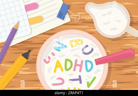 ADHD (Attention Deficit Hyperactivity Disorder) written with colorful breakfast corn flakes - vector illustration Stock Vector