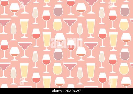 seamless pattern with different cocktail, brandy, juice, wine glasses; restaurant, bar, party background - vector illustration Stock Vector
