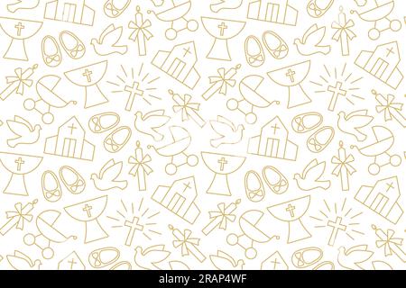 seamless pattern with christian baptism related icons: candle, dove, baby booties, pram, church and baptismal font - vector illustration Stock Vector