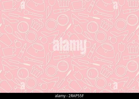 Mother's Day, female seamless pattern with cupcake, high heels, perfume, lipstick, powder, mascara, ring, coffee cup and handbag icons- vector illustr Stock Vector