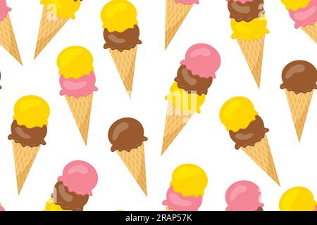 seamless summer pattern with various of ice cream flavor in waffle cones - vector illustration Stock Vector