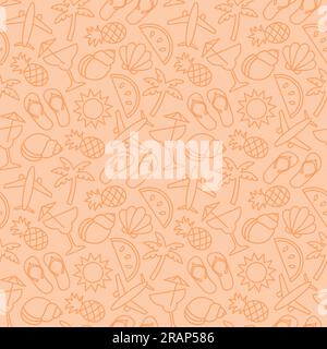 summer travel seamless pattern with airplane, palm tree, pineapple, shell, umbrella, sun, watermelon, fruit, flip flops, cocktail outline icons- vecto Stock Vector