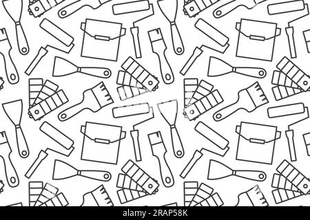 painter, decorator seamless pattern with brush, paint can, roller and and putty knife, color swatch icons- vector illustration Stock Vector