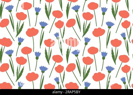 summer nature seamless pattern with poppies and cornflowers - vector illustration Stock Vector