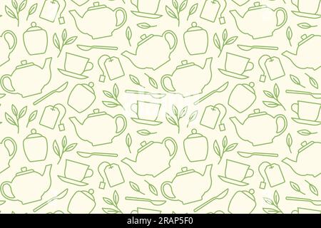 tea seamless pattern with teapot, cup, leaves, sugar bowl, spoon, bag icons  - vector illustration Stock Vector
