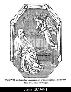 The Blessed Virgin Mary receiving the announcement of her approaching dissolution. After a relief by Orcagna. Engraving from Lives of the Saints by Sabin Baring-Gould. Stock Photo