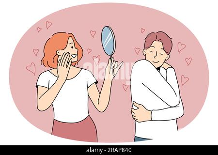 Happy people looking in mirror or hug themselves showing self-love and admiration. Man and woman loving inner beauty. Vector illustration. Stock Vector