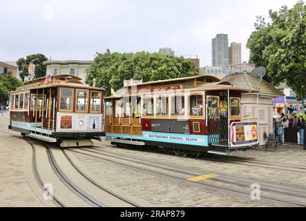 Tourists boarding an antique cable car at the Powell/Hyde Cable Car Turnaround Hyde and Beach Street Aquatic Park San Francisco California USA Stock Photo