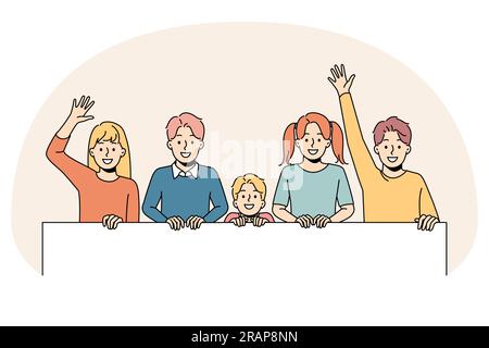 Happy children waving holding big paper banner on demonstration. Smiling kids have active social position go on march or protest. Activist and society. Vector illustration. Stock Vector