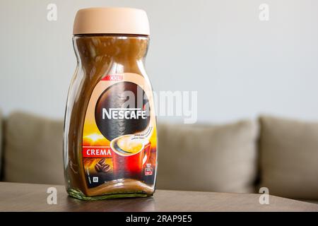 OSTRAVA, CZECH REPUBLIC - JUNE 21, 2023: Glass jar with powdered coffee Nescafe Creame in 300 grams XXL version Stock Photo