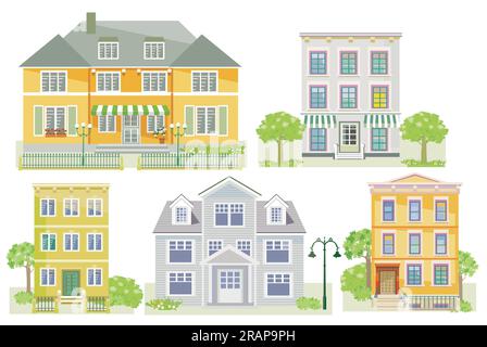 Set of houses and apartment buildings, country houses, wooden houses, family houses, isolated on white background. illustration Stock Vector
