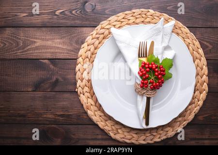 Autumn table setting on old wooden table Thanksgiving or Octoberfest vintage background copy space Stock Photo