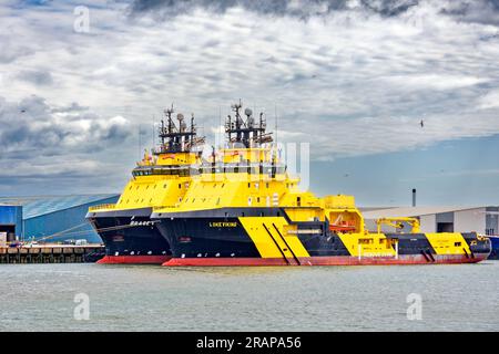 Montrose Scotland River South Esk the harbour two large oil rig support vessels one named Loke Viking Stock Photo