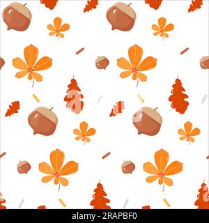 Pattern seamless autumn leaves oak, chestnut, acorn and dash. Vector illustration Stock Vector