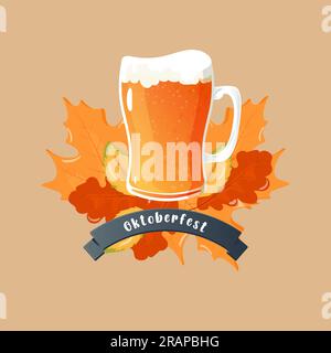 a mug of beer against a backdrop of leaves Oktoberfest. Vector illustration in cartoon style Stock Vector