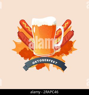 octoberfest emblem beer, sausage and leafy background. Vector illustration Stock Vector