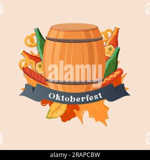 Oktoberfest emblem beer, bottle, bretzels and sausages. Vector illustration Stock Vector