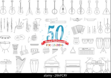 Vector illustration set of 50 musical instruments for coloring in cartoon style isolated on white background Stock Vector