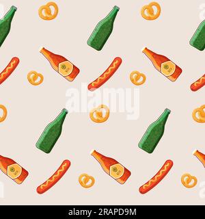 Pattern seamless oktoberfest beer, brezzel, sausage bottle. Vector illustration Stock Vector