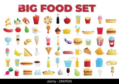 Big set of icons of delicious food, fast food, fruits, vegetables, drinks. Vector illustration. Stock Vector