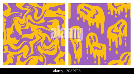 1970 Fluid Smile and Wavy Swirl Pattern Pack in Yellow and Lavender Color. Seventies Style, Trippy Psychedelic Print, Wallpaper. Flat Design, Hippie Aesthetic. Hand-Drawn Vector Illustration. Stock Vector