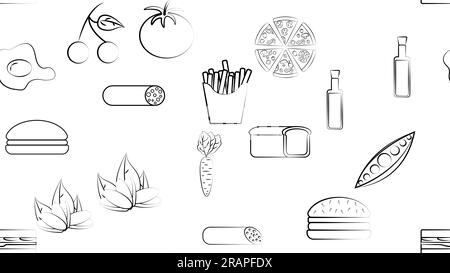 Black and white endless seamless pattern of food and snack items icons set for restaurant bar cafe: pizza, sausage, butter, bread, tomato, egg, peas, Stock Vector