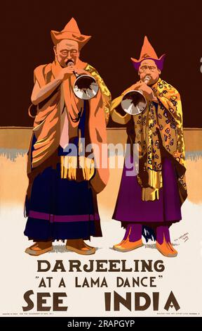 See India. Darjeeling. At a lama dance by Vic Veevers (dates unkown). Poster published in 1934. Stock Photo