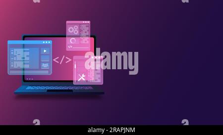 Computer Programing, Coding, Web Development with Isometric Laptop Displaying Futuristic UI Stock Vector