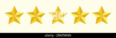 Five golden realistic stars. Vector golden 3d isolated five stars on light pink background. Vector 5 stars rating review. Quality shape design. EPS 10 Stock Vector