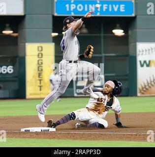 Colorado Rockies first baseman Michael Toglia (4) in the sixth inning of a  baseball game Sunday, July 30, 2023, in Denver. (AP Photo/David Zalubowski  Stock Photo - Alamy