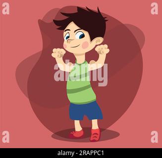 Cute boy cartoon character showing his fitness filled with health,nutrients and vitamins Stock Vector