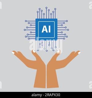 Two hands holding an AI logo on a gray background with copy space Stock Vector
