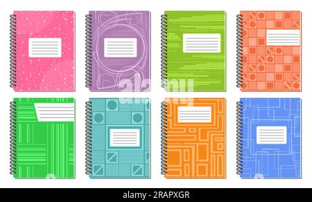 Vector Spiral Notebook Covers, lot collection of 8 cut out illustrations of different spiral notebook modern cover design, group of closed colorful pa Stock Vector