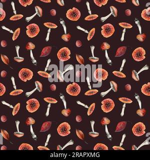 Dark brown and red fly agaric watercolor seamless pattern with amanita muscaria and fall leaves. Forest illustration Stock Photo