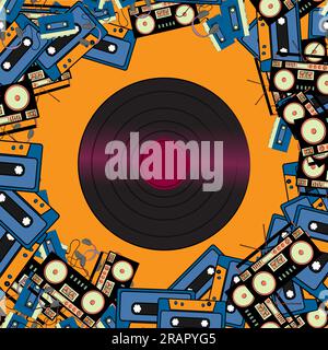 Texture frames from retro musicians old antiquarian hipster electronics appliances audio tape recorders audio cassettes and vinyl records from the 60s Stock Vector