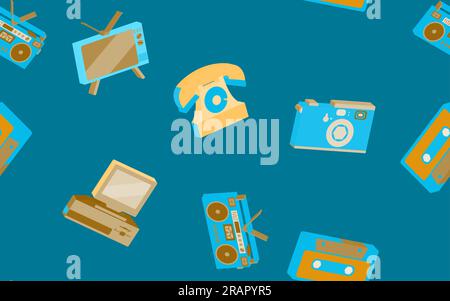 Texture seamless pattern from old vintage retro hipster stylish electronics appliances to home appliances 70s, 80s, 90s. The background. Vector illust Stock Vector