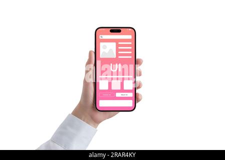 Woman's hand holding a phone with a conceptual user interface. The interface displays a modern design, sleek elements. Isolated hand and smartphone on Stock Photo