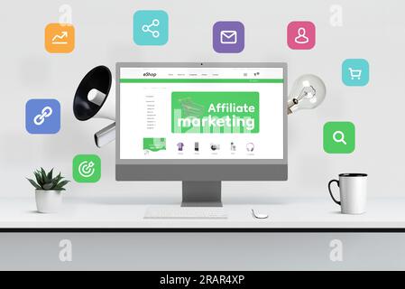 Computer display surrounded by megaphone, bulb and affiliate marketing icons concept. Modern ecommerce web page on computer display Stock Photo