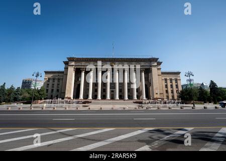 , Almaty, Kazakhstan. May 26, 2023. Former building of the government of the Kazakh Soviet Socialist Republic. Now he is occupied Kazakh-British Techn Stock Photo