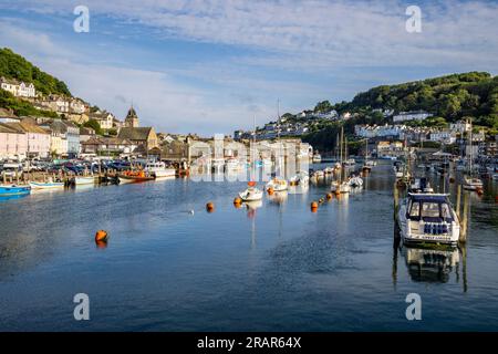 Looe Harbour at high-tide from the bridge over the East Looe river, Cornwall Stock Photo
