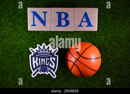 January 30, 2023, Springfield, USA. The emblem of the Sacramento Kings National Basketball Association club on the green lawn of the stadium. Stock Photo