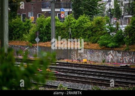 GRONINGEN - Damage to the track and a broken overhead line due to a fallen tree due to storm Poly. The NS and ProRail take into account that the train tracks in the Netherlands have been severely damaged by storm Poly and that it will take a lot of time to repair damaged tracks and overhead lines. ANP DENNIS VENEMA netherlands out - belgium out Stock Photo