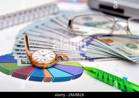 business charts, pen and antique gold pocket watch on table Stock Photo