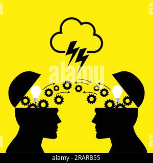 Knowledge or ideas sharing between two people head, transferring knowledge, innovation, brain storming concept Stock Vector