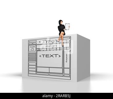businesswoman sitting on big cube with drawing web page Stock Photo