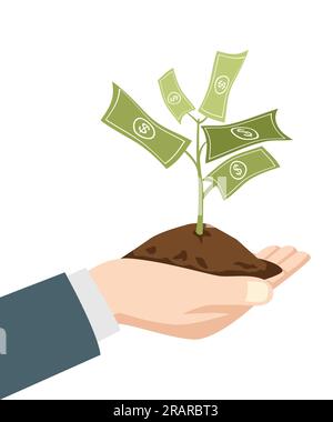 Illustration of a businessman hand holding a dirt with money tree, business, savings, investment concept Stock Vector